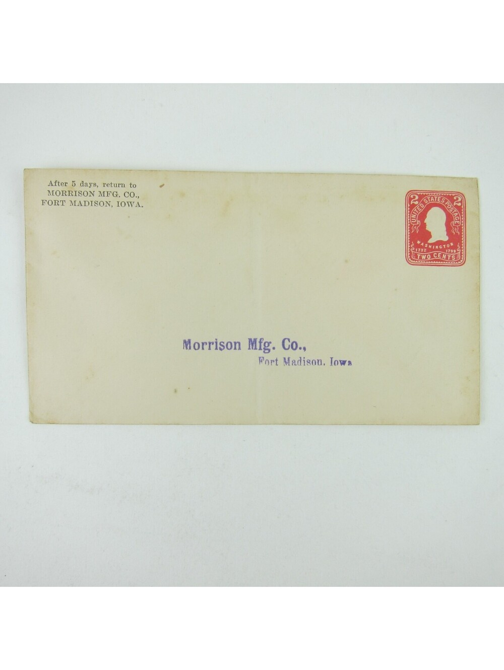 US Postal Stationery Morrison Mfg Co Fort Madison Iowa 2 cent Washington Antique